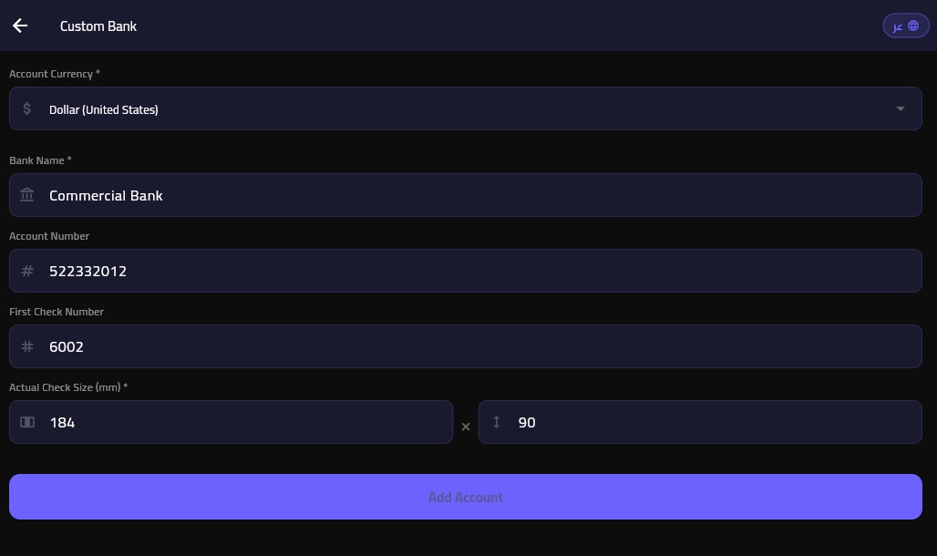 Adding a new bank account in True Check Printing with real check dimensions in millimeters