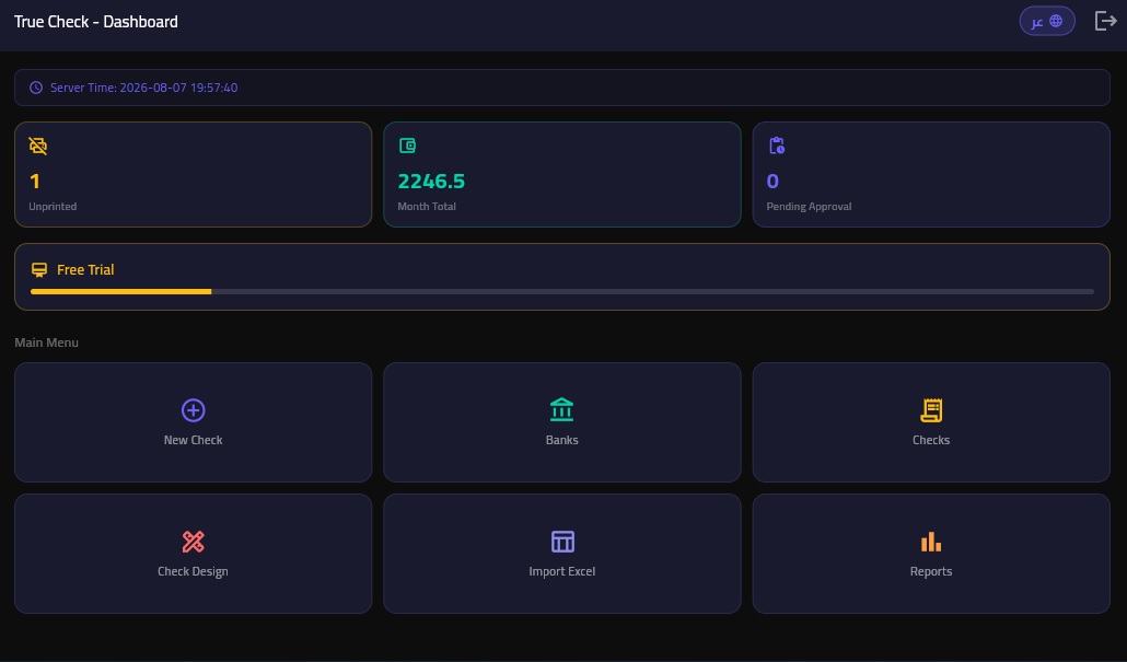True Check Printing dashboard showing a summary of checks and the free trial